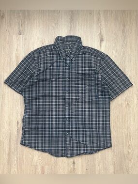 Eddie Bauer Textured Knit Button Down Shirt Mens Large Blue Short Sleeve Classic